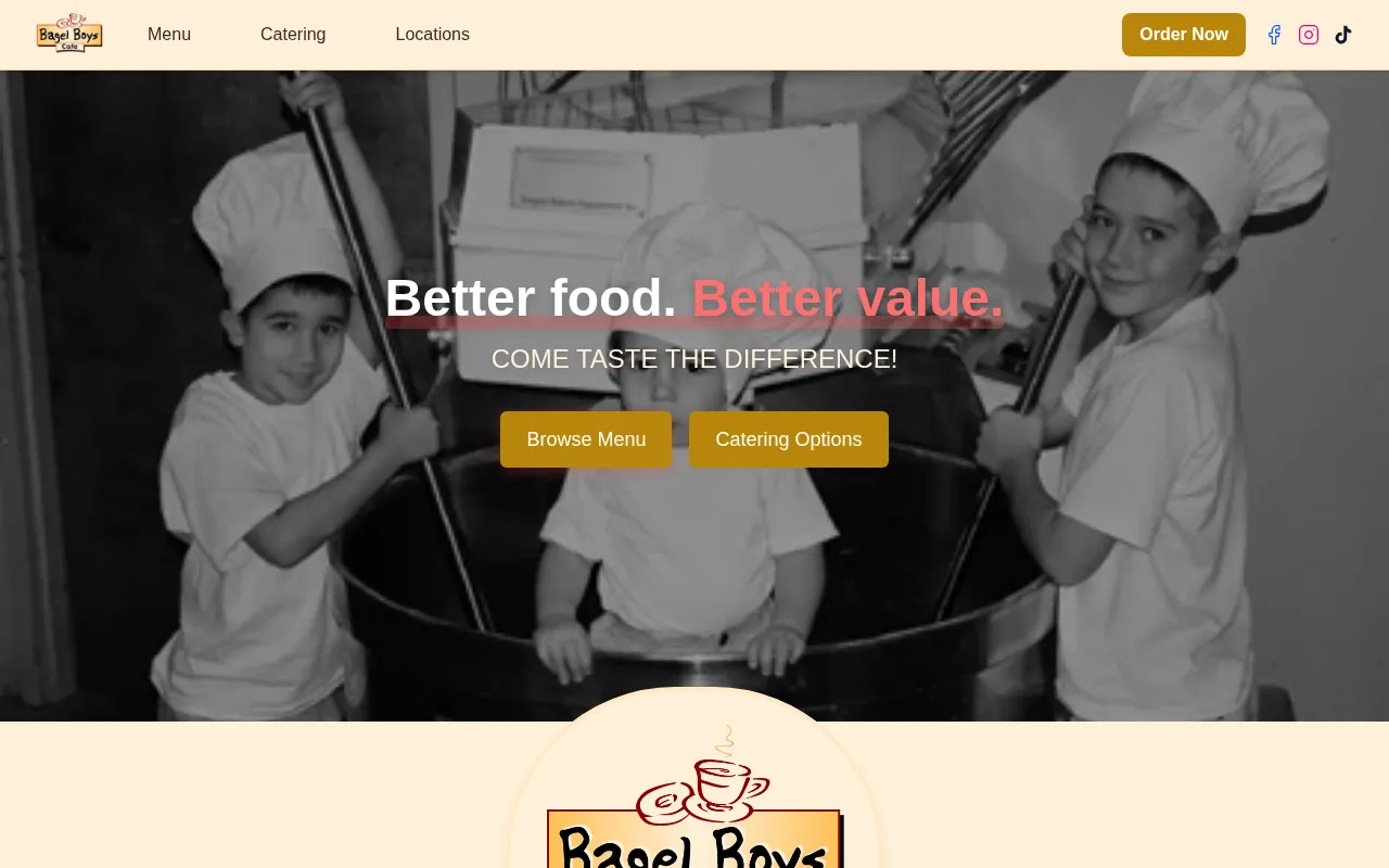 Screenshot of the Bagel Boys Cafe website